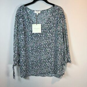 Cynthia Rowley Boho Blouse Shirt Blue Green Ditsy Floral Tie Sleeve NEW Sz Large